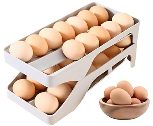 Egg DispenserAutomatic Rolling Egg Tray Organizer, Space Saving Refrigerator Egg Roller, 28 Eggs Storage Rack, Egg Distributor for Refrigerator, Kitchen, Cabinets, and Dining Table (grey)