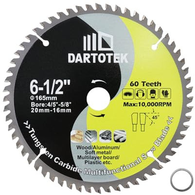 DARTOTEK TCT Hartmetall Sägeblatt 60T bestückte Zähne Kreisförmige Mehrzweck Sägeblatt mit 20/16mm Unterlegscheibe für Holz Aluminium Kunststoff 165mm