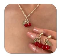 GlamRays Süße Kirschenobst-Halskette Zierliche Kirschen Huggie Ohrringe für Frauen Coole Kuba-Kette Choker Roter Kirschen Anhänger Schmuck Set Sommer Mode Schmuck für Dame
