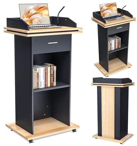 Holz-Podium, Holzpodium mit Ausziehbarer Schublade & Rädern, Premium hohes Massivholz Kanzel Rednerpult mit Doppellagiges Ablagefach, Rednerpult for Kirche, Vortrag, Schul, Seminar (110x46x 60cm)