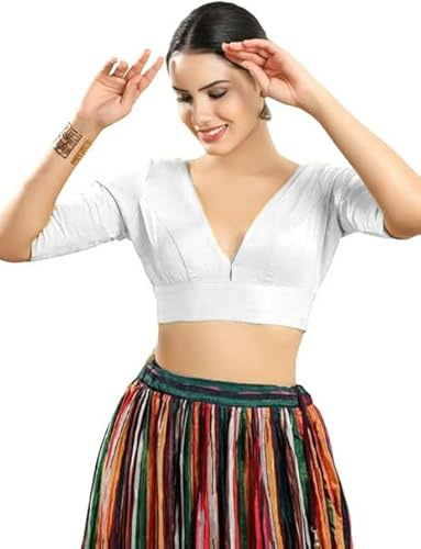 Dupion Silk Solid Non Padded Saree Blouse Top V-Neck Short Sleeves Hook and Eye Closure and Tie-Up Back Choli White