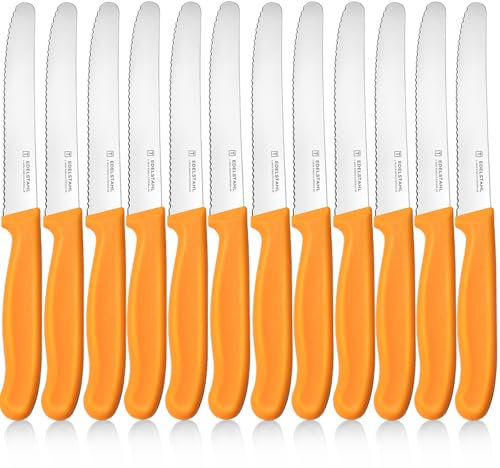 targzier Frühstücksmesser 12 Stück, Orange Tomatenmesser Wellenschliff,Hochwertige Brotmesser aus Edelstahl,Scharfe Besteck Messer Set,Kunststoffgriff Tafelmesser Set&Spülmaschinenfest