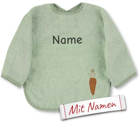 LALALO Sterntaler Lätzchen Emmilius in eisgrün mit Namen bestickt für Baby mit Ärmel, Ganzkörper Beikost Ärmellätzchen für Kinder
