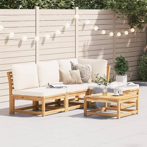 IKAYAA Gartenlounge Outdoor Holz Gartenmöbel Set Holz Balkon Lounge Holz Loungemöbel Holz Garten Gartengarnitur Terassenmoebel Set mit Kissen Massivholz Akazie-Creme-5-tlg