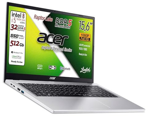 Notebook Extensa Silver Intel Core i5-13420H 13Th Raptor Lake, 8Core, Display FullHD 15,6, RAM 32Gb DDR5, SSD PCIe NVMe 512 Gb, Wi-Fi6, BT, 4 usb di cui 2 USB type-c, Win 11Pro, pronto all'uso