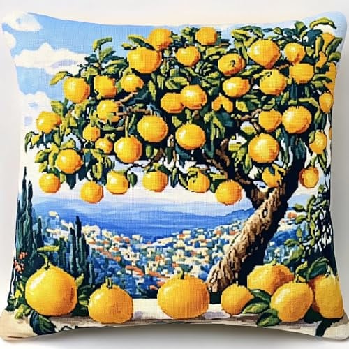 XDEGHUANGSS Knüpfkissen Knüpfset Für Kinder und Erwachsene zum Selber Knüpfen Kissenbezug DIY Knüpfen Kissen mit Bedrucktem Leinwandmuster,Latch Hook Dekokissen kit 43x43cm,Zitronenbaum