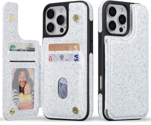 ZCDAYE Leather Wallet Case for iPhone 16 Pro Max with Card Holder, Aesthetic Cute Floral Printed Phone Case Protective Phone Cover Flip Card Cases for iPhone 16 Pro Max (6.9 inch), Blue Flower