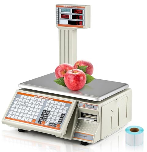Bonvoisin Digitale Etikettendruckwaage 30kg/66lb mit Barcode Druck - Doppeldisplay - 71 Tasten & 4000 PLU Speicher - RS232/Ethernet/Kassenschublade - für Supermarkt, Einzelhandel