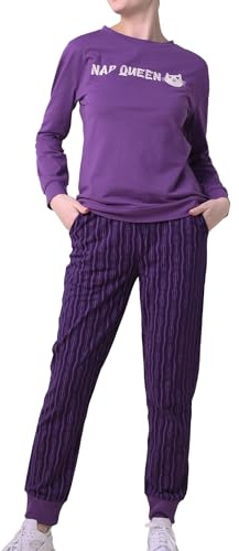 Enorsia Womens Nap Queen Printed Nightwear Set with Soft Cotton-Blend Jersey Loungewear with Stylish Top Velvet Drawcord & Relaxed Fit Pajama Bottoms (8, Purple)