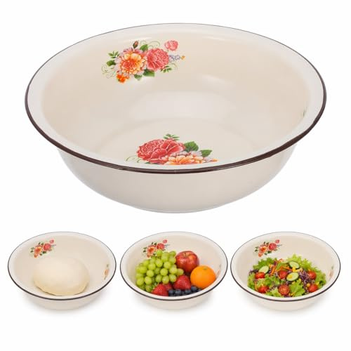 Hemobllo Emaille Schüssel 30cm - Vintage Rührschüssel mit Blumenmuster - Große Retro Waschschüssel für Teig, Obst & Salate - Kratzfeste Emaille-Schale im Landhausstil (Beige)