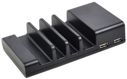 Base Supporto Telefono a 4 Porte USB in Plastica Nera | Telefono e Tablet, Protezione da Sovraccarico e Sovracorrente, Design Compatto da Scrivania