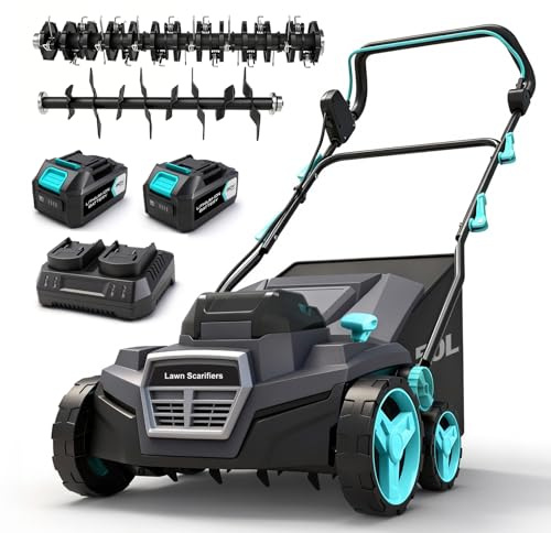 BLUEMARS Scarificateur et aérateur de pelouse sans fil 40 V, râteau électrique et râteau de déchaumage pour herbe, récupérateur d'herbe de 50 L, largeur de travail de 38 cm, 2 piles 20 V et double