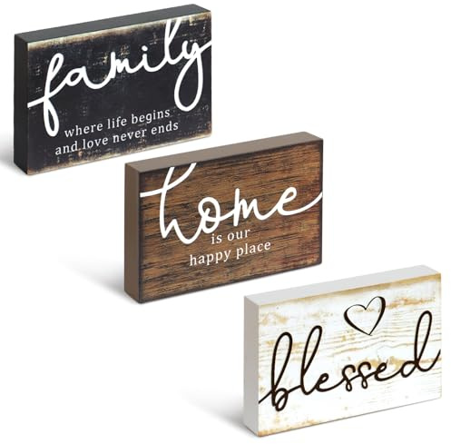3Pcs Rustic Wood Sign Decorative Wooden Block Sign Table Decor 6x0.8x3.9in | Alynsehom Farmhouse Wood Table Decor with Family Home Blessed for Bedroom Living Room Kitchen Table Entryway Fireplace Decor