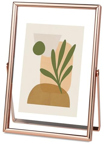 Andiker 4x6” Floating Frame, Vintage Photo Frame with Double-sided Glass Metal Picture Frame for Tabletop Vertically Exquisite Decor for Home Office Wedding (Rose Gold)