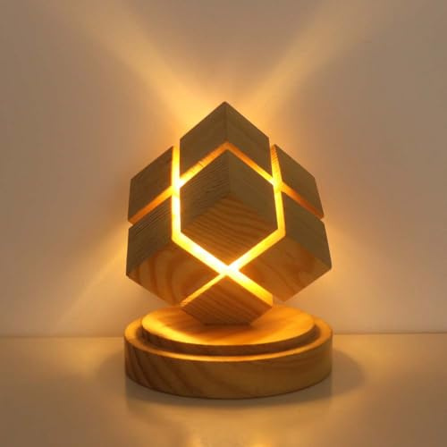 LED Tischlampe Holz Zauberwürfel Moderne Tischleuchte AAA Batteriebetriebene Nachtlampe Warmes Licht 3000K Minimalistische Kleine Lampe Dekorative für Wohnzimmer Schlafzimmer(Ohne Akku)