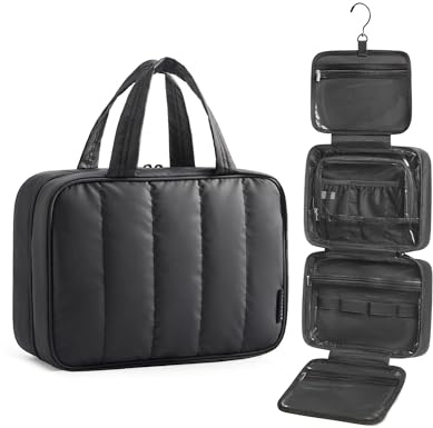 BAGSMART Hanging Travel Toiletry Bag with 360° Hook, Waterproof Wash Bag | Makeup Toiletries Organiser for Full Size Bottle, Travel Accessories for Women, Men, Large Capacity, Puffy, Black