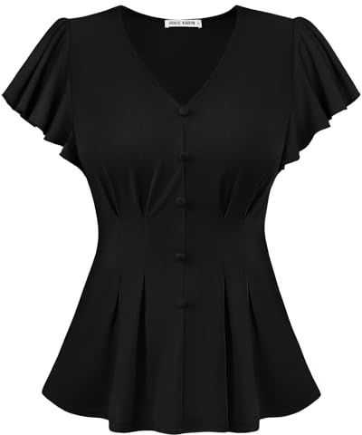 GRACE KARIN Damen Blusen Sommer Elegant Rüschenärmel Lässige Oberteil | Tunika mit V-Ausschnitt und Volantärmeln Weiche Stretch Bluse mit Volantärmeln und Knopfverzierung für Büro und Freizeit
