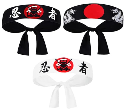 Pack Japanische Sushi Koch Bandana Samurai Stirnband Geschenkideen | Polyester, Sicherer Sitz, für Sport und Familienfeiern, Japanisches Design, 3 Stück