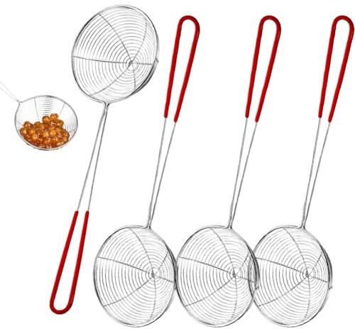 4 Stück Schaumlöffel,Schaumlöffel Edelstahl, Küchensieb mit Griffen, Fondue Sieb Kescher, für Körbchen Sieblöffel Set,Strainer Aus Deckel, Rot Griffen Löffel Fonduesiebe 26,5 * 6,5 cm