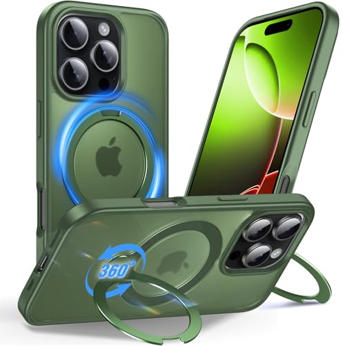 Anqrp 360° All-in-One-Ständerhülle für iPhone 16 Pro Hülle mit Rotierbarem Magnetischem Ständerringhalter, Kompatibel mit MagSafe, Matt Stoßfeste MIL-Grade-iPhone 16 Pro Case 6,3 Zoll, Dunkel grün