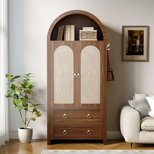 Merax Sideboard 80x40x180 cm, Rattan-Bogenstil Wardrobe mit 2 schubladen, Korbgeflecht-Türen, vielseitiger Aufbewahrungsschrank für Wohn- und Schlafzimmer, dunkle Holzfarbe