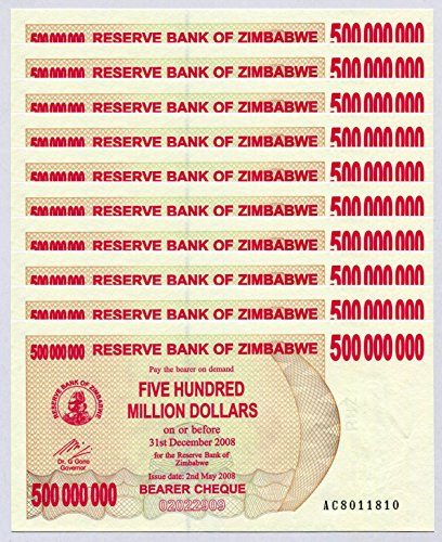 Zimbabwe 500 Million Dollars x 10 pcs 2008 P60 Consecutive UNC Currency Bills