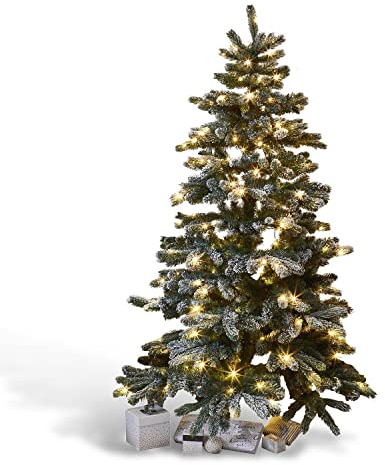 Loberon Weihnachtsbaum Mannier, Große Tanne in Natürlicher Optik, mit Schnee Bestäubt, Zahlreiche Kleine LEDs, Weihnachtsdeko, Christbaum, Polyethylen, PVC, Eisen, grün/weiß