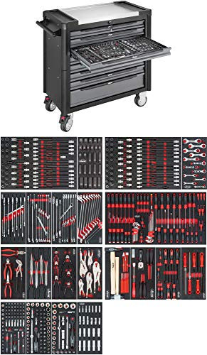 VIGOR Werkstattwagen mit Edelstahl-Arbeitsplatte, inkl. Sortiment (499teilig, 8 Schubladen mit je 25kg Tragkraft, insgesamt 500kg Tragkraft) V4481-X/499
