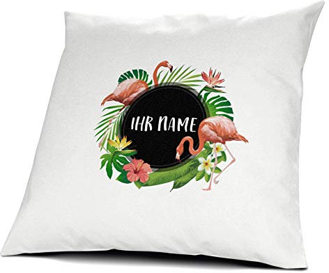printplanet® Kissen mit Namen personalisiert - 100% Baumwoll Kopfkissen - Motiv Flamingo individuell gestalten - Kissenbezug inkl. Füllung - 40 x 40 cm