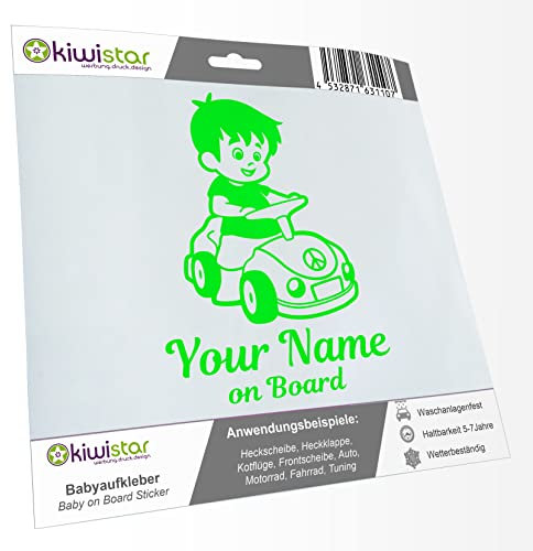 Kiwistar - Babyaufkleber - Neongrün - Junge Auto Sticker - mit Wunschtext individuell personalisiert + Baby on Board 15cm - für Auto, Motorrad, Tuning - Aufkleber selbst gestalten