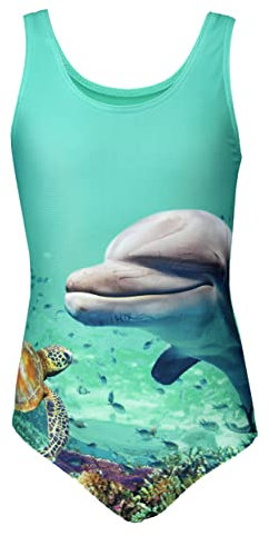 Aquarti Badeanzug Mädchen – Sportlicher Mädchen Badeanzug mit Ringerrücken Print, Farbe: Delphin/Grün, Größe: 128