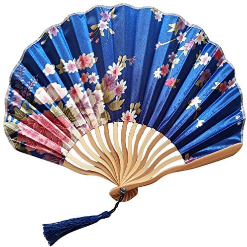 1SourceTek Silk Hand Held Folding Fans 8.27 inches (21cm) Women Hand Held Folding Fans With a Fabric Sleeve Protection for Gifts - Chinese Retro Style (Dark Blue)