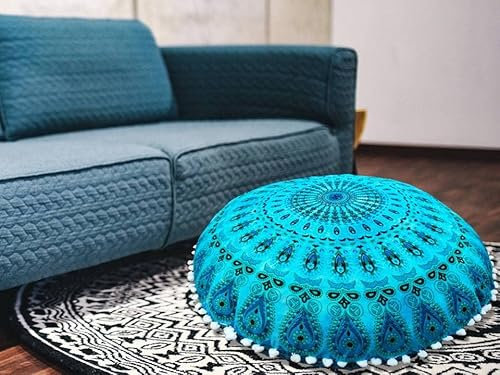 My Dream Carts Rundes Kissen, dekorativer Bezug, nur Bodenkissen, Sitzbezug, indisches Mandala, Meditation, Ottoman, Überwurf, Pouf, Boho, extra groß (nur 81.3 cm Kissenbezug, ohne Füllung)