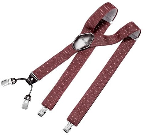 DonDon Hosenträger Herren extra stark gepunktet rot weiß 3,5 cm Hosenträger Herren breit mit brauem Leder in Y-Form lang - Starke Clips passend für Anzug Jeans Chinos Vintage Rockabilly Suspenders
