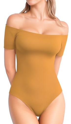 MANGOPOP Off The Shoulder Short Sleeve Bodysuit for Women, Khaki, Medium