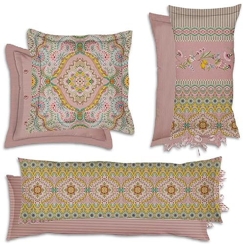 Pip Studio Dekokissen Majorelle Carpet Pink Blumen Blüten Wendeoptik Geblümt Streifen Gestreift Rosa Perkal Zierkissen, Größe:45 x 45 cm
