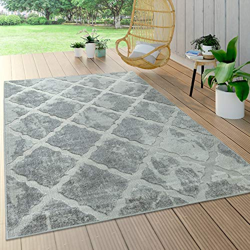 Paco Home Outdoor Teppich Wetterfest Wohnzimmer Balkon Küche Orientalisch Ornament Skandinavisch Geometrisches Muster 3D Effekt Modern, Grösse:120 cm Rund, Farbe:Grau 2