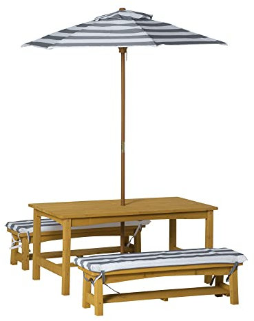 Outsunny Ensemble Salon de Jardin Enfant 4 pièces Style Pique-Nique - 2 bancs, Table, Parasol - Sapin lasuré Miel Polyester Gris Blanc rayé