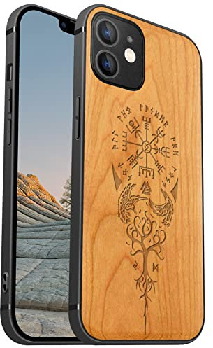 Carveit Magnetisch Hülle für iPhone 12 [Elegante Kirschholz] [Weich TPU Stoßstange] Stoßfeste Handyhülle Kompatibel mit 12 Magsafe Hülle Holz （Wikingerkompass Vegvisir）