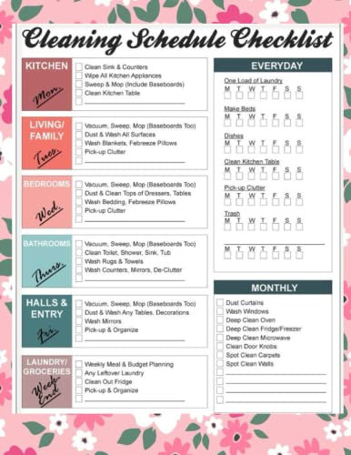 Cleaning Schedule and Checklist for adults: Daily Weekly and Monthly Cleaning Schedule, Checklist Planner and Organizer, Household Chores With Check List