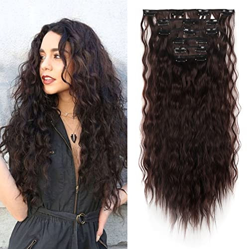 Cybelleza 50cm Clip in Extensions Haarverlängerung Haarteil wie Echthaar 6 Tressen Gewellt Günstig Haarverdichtung Lockig Wavy Curly Haarextension Synthetische Haare für Frauen, Mittel braun