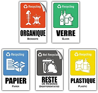 5 Étiquettes 4 x 6 cm Autocollant en PVC Stickers poubelle - Stickers de Recyclage souple Imperméable Lavable pour la Gestion des sélectif déchets Stickers