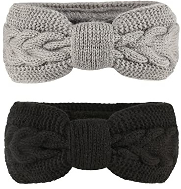 2 Pcs Bandeaux Pour Cheveux Femme Hiver - Serre-Tête Avec Doublure en Peluche, Élastiques Turban Wraps Cache-Oreilles pour Sport (Noir+Gris Clair)