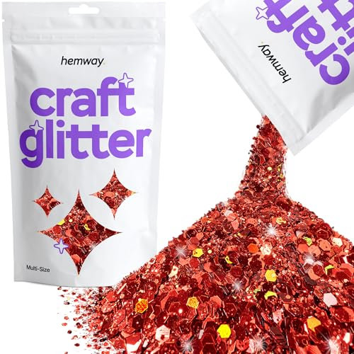 Hemway Craft Glitter - Red Holographic | 100g Multi Size Metallic Sequin Flakes for Halloween Resin & Epoxy Crafts | Supplies for Autumn Décor, Bunting, Nails, Candle, Face & Mask Decorating