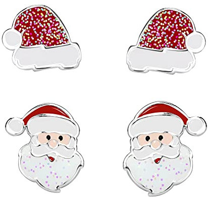 FIVE-D 2 Paar Ohrringe Weihnachten Nikolaus Mütze Weihnachtsbaum 925 Silber (Nikolaus-Hut)