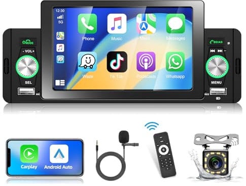 Podofo 1 Din Autoradio mit A-pple Carplay Android Auto Radio, 5 Zoll HD Touchscreen Autoradio mit Bluetooth 5.1/FM/AUX/USB Anschluss Schnelles Aufladen + Rückfahrkamera und Mikrofon