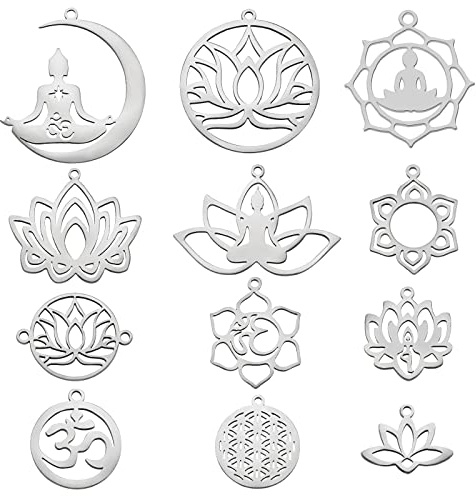 COGCHARGER Charm-Anhänger aus Edelstahl, Chakra, Lotus, lasergeschnitten, gemischte Formen, Anhänger für Schmuck, Halsketten, Armbänder, Ohrringe, Basteln