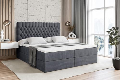 ALTDECOR Boxspringbett mit Matratze und Lattenrost, Boxbett, Topper, Polsterbett mit Bettkasten, Bett mit Stauraum H3-Matratze, Doppelbett, Springboxbett - Serene - 160x200 - Dunkelgrau Samt