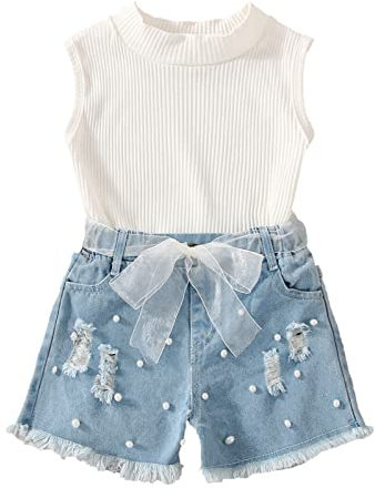 Kleinkind Kinder Baby Mädchen ärmellose Weste T-Shirt Tops Denim zerrissene Jeans Shorts 2er Set Sommer Outfits Kleid Baby Mädchen (White, 4-5 Years)