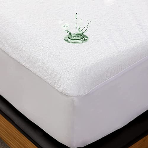 Prime Linens Terry Towel Mattress Protector Waterproof Dust Mite Proof Mattress Pad Cover with Extra Deep 35Cm Fitted Skirt Soft Anti Allergic (White, Double)